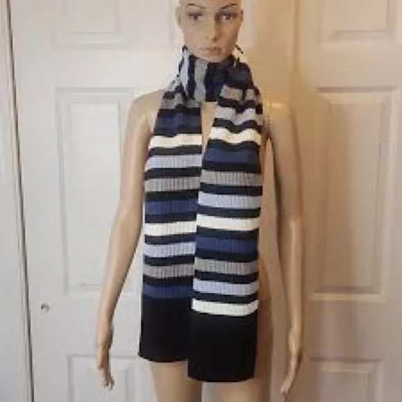 Kate Spade Black, Blue, Gray, and White Striped Scarf